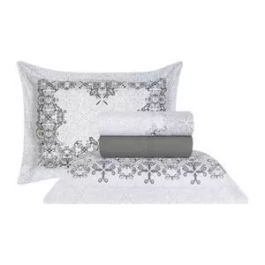Jogo De Cama Diamante King Size<BR>- Bege Claro & Azul Marinho<BR>- 4Pçs<BR>- 180 Fios<BR>- Sultan