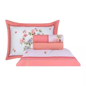 Jogo De Cama Diamante King Size<BR>- Branco & Coral<BR>- 4Pçs<BR>- 180 Fios<BR>- Sultan