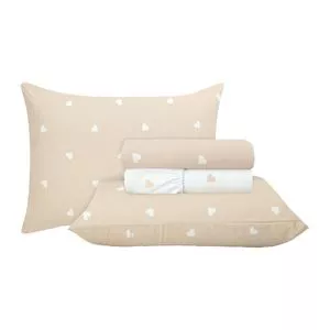 Jogo De Cama Sonhare Coração Queen Size<BR>- Bege Claro & Branco<BR>- 4Pçs<BR>- 180 Fios<BR>- Sultan