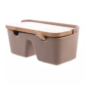 Saleiro De Cerâmica 2 Divisã³Rias Com Tampa E Colher De Bambu Areia 9,5Cm X 19Cm X 8,5Cm