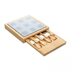 Conjunto Para Queijo<br /> - Azul & Bege<br /> - 23x23x4cm