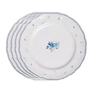 Conjunto De Pratos Rasos Florescer Cerâmica<BR>- Branco Com Detalhes Em Azul -<BR>27cm 4pçs Wolff