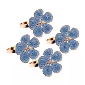Jogo De Anéis Para Guardanapos Flower Zamac<BR>- Dourado & Azul Claro<BR>- 4Pçs<BR>- Wolff
