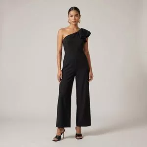 Macacão Alfaiatado Em Chiffon Ombro Só Babado Pantalona<BR>- Chumbo<BR>- Renner