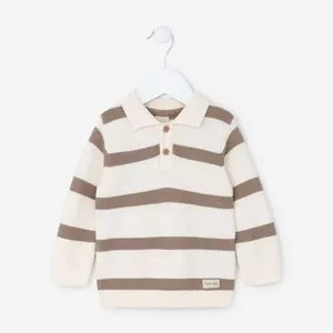 Suéter Infantil Tricô Gola Polo Listrado<BR>- Bege Claro<BR>- Renner