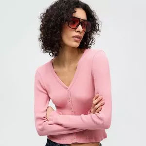 Cardigan Em Tricô Com Ponto Texturizado E Babados Na Barra<BR>- Rosa<BR>- Renner