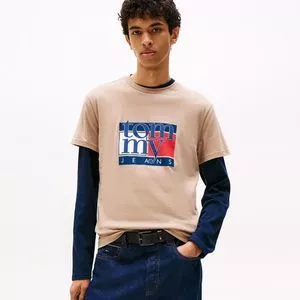 Camiseta Slim Rwb Flag Tee<BR>- Bege<BR>- Tommy Hilfiger