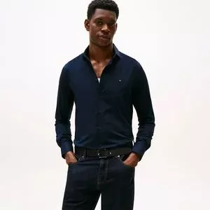 Camisa Slim Manga Longa<BR>- Azul Marinho<BR>- Tommy Hilfiger