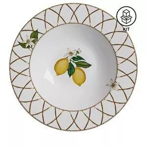 Jogo De Pratos Fundos Siciliano<BR>- Branco & Amarelo<BR>- 6pçs