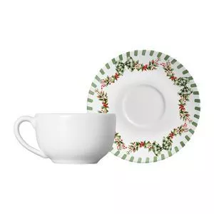 Jogo De Xícara De Chá Com Pires Noite Feliz Cerâmica<BR>- Branco Com Detalhes Verdes -<BR>12,7x32,2x21,7cm<BR>2pçs<BR>- Alleanza Ceramica