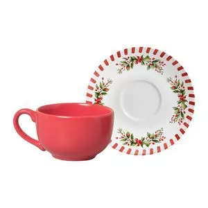 Jogo De Chá Noite Feliz Cerâmica<BR>- Vermelha -<BR>12,7x32,2x21,7cm<BR>2pçs<BR>- Alleanza Ceramica