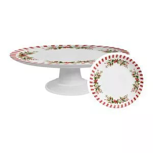 Boleira Média Noite Feliz<BR>- Vermelho Decorado <BR>- 33,6x41,6x31,6cm<BR>1pç <BR>- Alleanza Ceramica