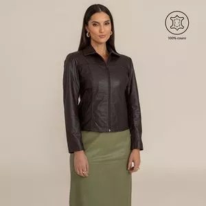 Jaqueta Em Couro Com Bolsos<BR>- Marrom Escuro<BR>- Javali Couros