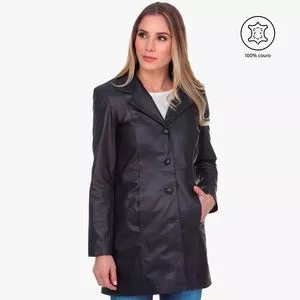 Casaco Alongado Em Couro Com Bolsos<BR>- Preta<BR>- Javali