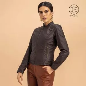 Jaqueta Em Couro Com Bolsos<BR>- Marrom Escuro<BR>- Javali Couros
