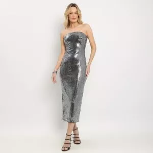 Vestido Midi Com Paetês<BR> - Preto<BR> - Acostamento