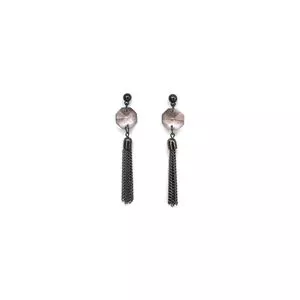 Brinco Longo Grafite Com Castanha De Cristal & Penacho De Corrente Cinza Escuro Par 6cm<BR>- Carol Gregori