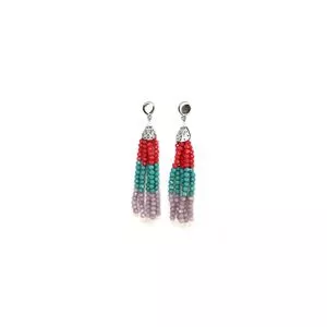 Brinco Longo Níquel & Cristais Coral Turquesa & Prata Metalizado 7cm Par<BR>- Carol Gregori