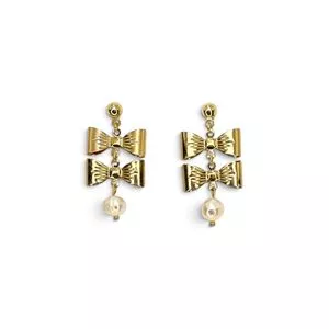Brinco Longo Dourado Com Laços & Pérolas De Água Doce Banho Ouro Par<BR>- Carol Gregori