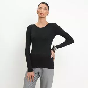 Suéter Detalhe Listra Canelada Nas Mangas Camiseta<BR>- Preto<BR>- Alpelo