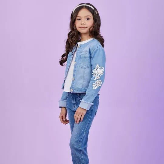 Jaqueta Jeans Com Renda- Azul & Branca