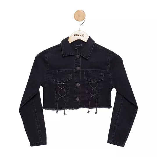 Jaqueta Jeans Black Vintage Com Amarração Em Strass - Preto