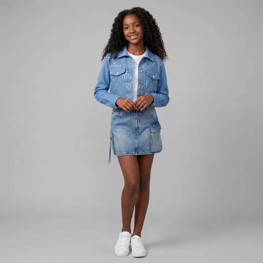 Jaqueta Em Sarja Com Frente Em Denim Paete- Azul- Pinkx