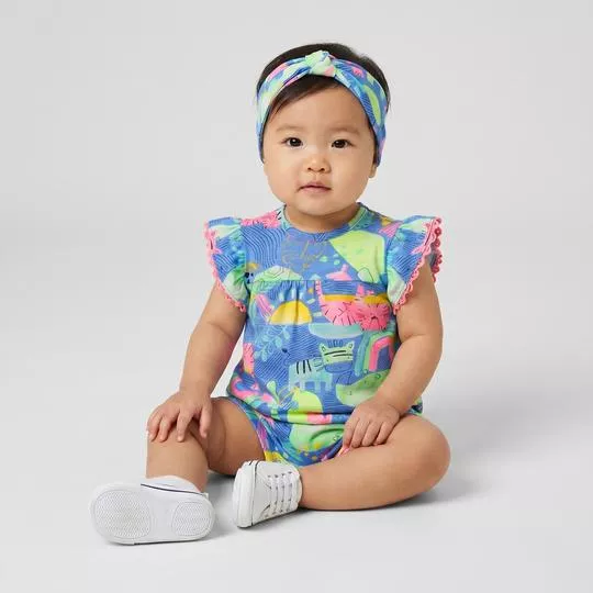 Macaquinho Com Faixa Malha Flamê Estampa Divertida- Azul- Up Baby