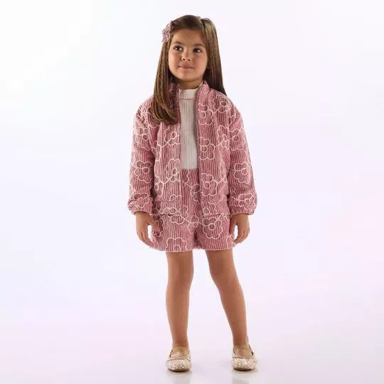 Jaqueta Veludo Cotele E Meia Malha Floral- Rosa- Up Baby