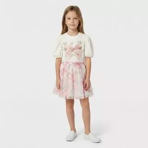 Conjunto Blusa Cropped Saia Rodada Floral<BR>- Branco<BR>- Luluzinha