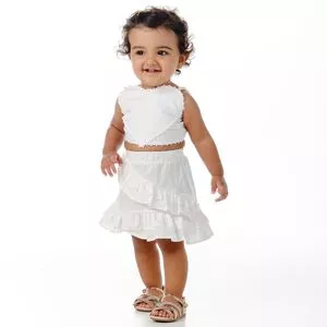 Conjunto De Blusa & Saia Evasê Com Babados<BR>- Branco