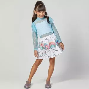 Conjunto De Blusa & Saia Arco-Íris<BR>- Azul Claro & Branco