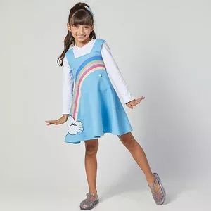 Conjunto de Blusa & Salopete Arco-Íris<BR>- Branco & Azul Claro