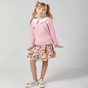 Conjunto De Blusa & Saia Dinossauros<BR>- Rosa & Laranja Claro