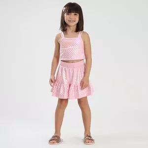 Conjunto Blusa E Saia Em Malha Cintilante Confortável <BR>- Rosa<BR>- Bee Fun