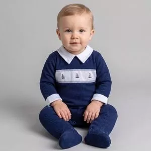 Saída Maternidade Tricot Bordado<BR>- Azul Marinho<BR>- Anjos Baby