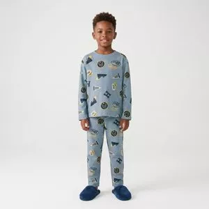 Pijama Manga Longa Inscrição<BR>- Azul<BR>- Hering Kids