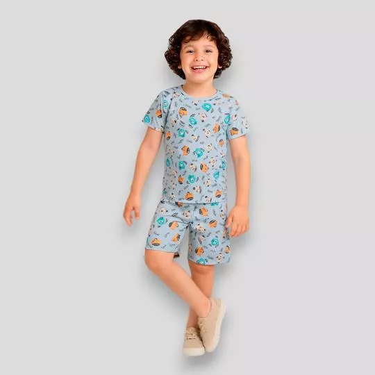Pijama Com Inscrições- Azul Claro & Laranja