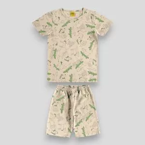 Pijama Cachorrinhos Skatistas<BR>- Bege Claro & Verde Limão