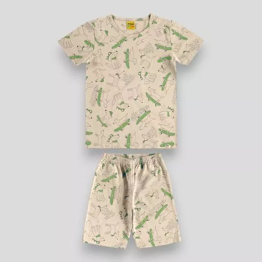Pijama Cachorrinhos Skatistas- Bege Claro & Verde Limão