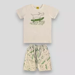 Pijama Cachorrinhos Skatistas<BR>- Bege Claro & Verde Limão