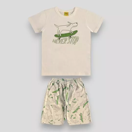 Pijama Cachorrinhos Skatistas- Bege Claro & Verde Limão