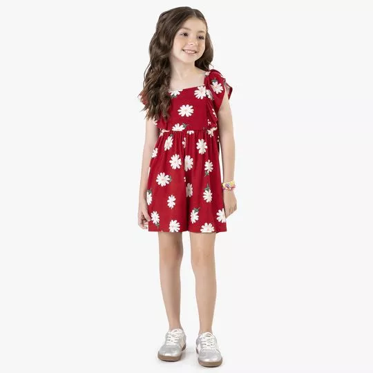 Macaquinho Floral Em Viscose Rovi Kids- Vermelha