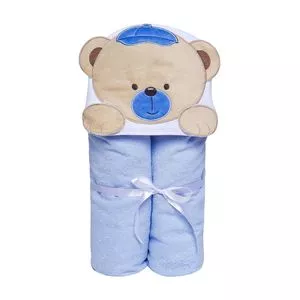 Toalha De Banho Felpuda Toys Com Capuz Bordado<BR> - Azul & Bege<BR> - 70x90cm<BR> - 104 Fios<BR> - Papi