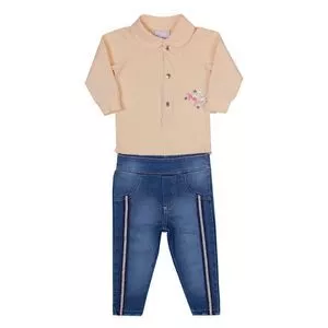 Conjunto De Body Com Bordados & Calça Skinny Jeans<BR> - Amarelo Claro & Azul<BR> - Paraíso