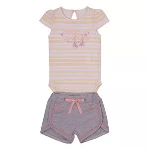 Conjunto De Body Listrado & Short Mescla<BR> - Amarelo Claro & Cinza<BR> - Paraíso
