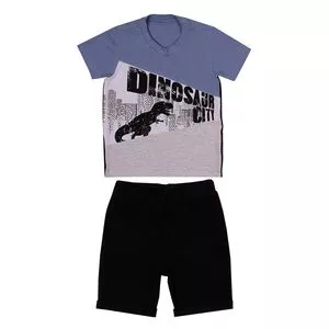 Conjunto De Camiseta Dinossauro & Bermuda<BR> - Azul Escuro & Preto<BR> - Paraíso