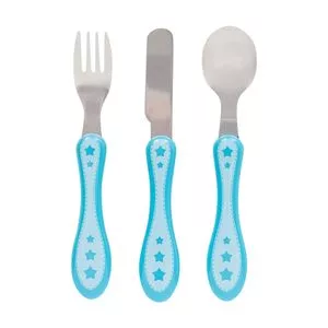 Jogo De Talheres Estrelinhas<BR>- Inox & Azul Claro<BR>- 3Pçs
