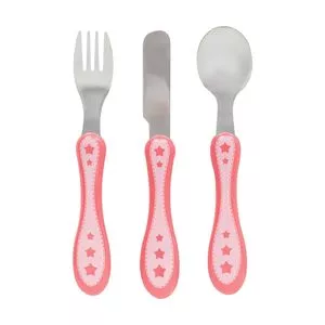 Jogo De Talheres Estrelinhas<BR>- Inox & Rosa<BR>- 3Pçs