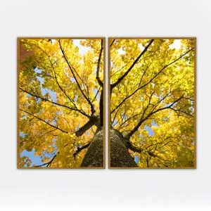 Conjunto De Quadros Decorativos Madeira Yellow Tree<BR>- Amarelo Com Detalhes Em Laranja, Branco E Marrom<BR>- 60x80x3cm<BR>- Canvas E Quadros